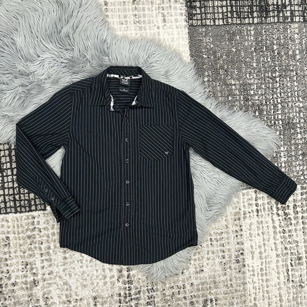 Shaun White Boys Size Medium Black Striped Long Sleeve w/ Pocket ButtonUp Skater